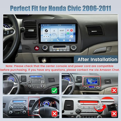4+128G 9" Car Radio for Honda Civic 2006 2007 2008 2009 2010 2011 | Touch Screen Wireless CarPlay/Android Auto, 5GHz WiFi, Bluetooth 5.0, EQ, GPS Navigation, 1280 * 720, Backup Camera