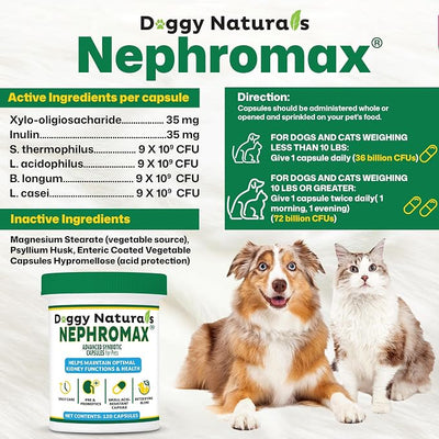 NEPHROMAX™ Synbiotic Capsules for Kidney Support for Dogs & Cats - 36 Billion CFU-Advanced Next-Generation Enteric detoxifying Blend of Pre & Probiotics Kidney Support U.S.A (120 Small Capsules)