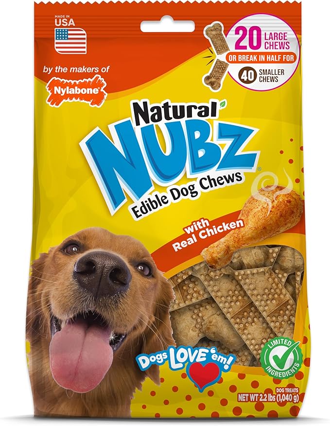 Nylabone Nubz Natural Dog Treats, Long Lasting Chew Bones, Made in the USA, Chicken Flavor Breath Freshener, Large Bones for Dogs Over 30 lbs. (20 Count)