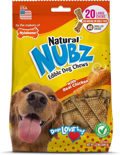 Nylabone Nubz Natural Dog Treats, Long Lasting Chew Bones, Made in the USA, Chicken Flavor Breath Freshener, Large Bones for Dogs Over 30 lbs. (20 Count)