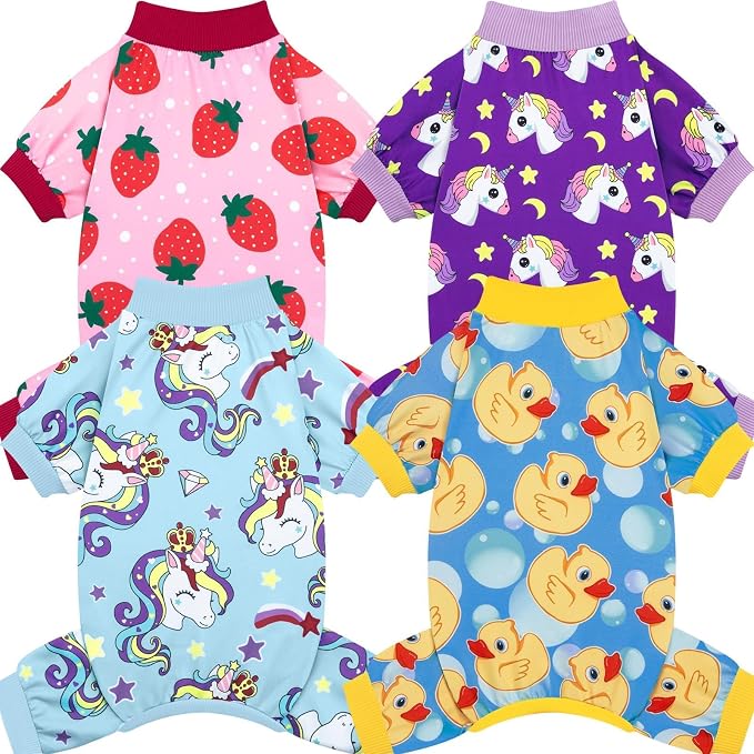 4 Pack Dog Pajamas for Small Dogs Pjs Clothes Puppy Onesies Outfits for Doggie Duck Shirts Sleeper for Pet-S