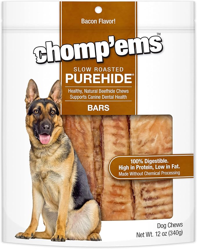 CHOMP 'EMS Purehide Beefhide Dog Chews, Bacon Flavor, 12 Oz - 100% Digestible Long Lasting Dental Treat