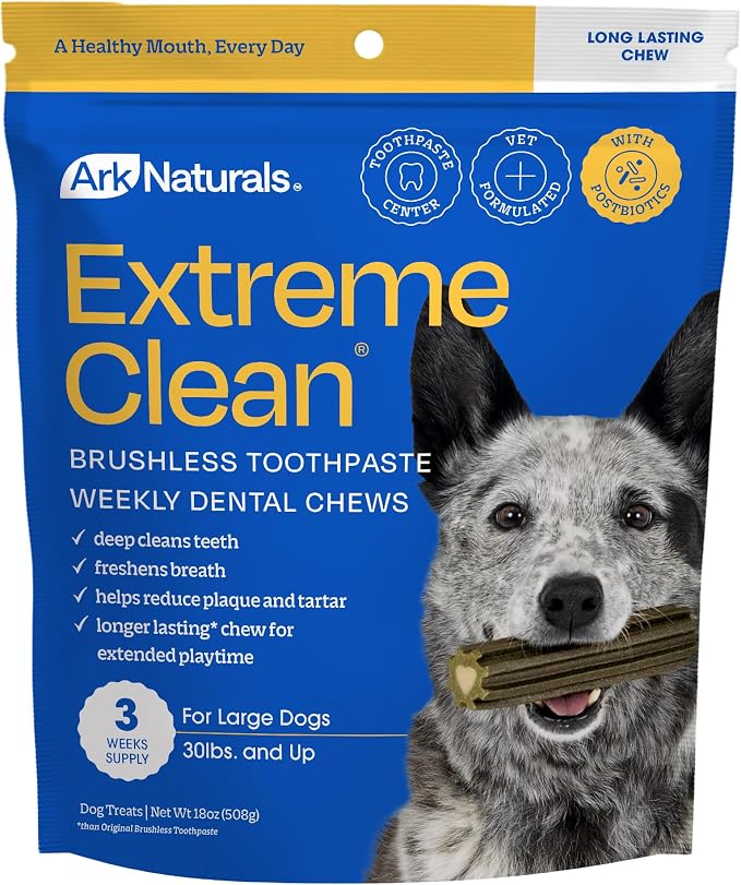 Extreme Clean Brushless Toothpaste for Large Breeds, 18 oz Bag, Long-Lasting Dog Dental Chew with Toothpaste Center, Freshen Breath, Reduce Plaque & Tartar