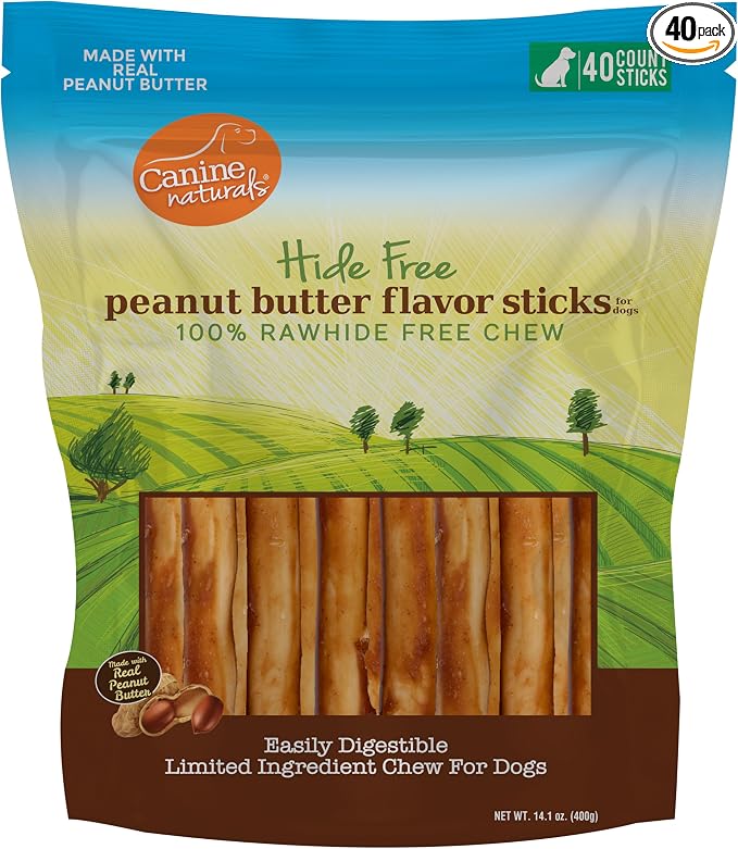 Peanut Butter Chew - Rawhide Free and Dog Treats - Made from Real Peanut Butter - All-Natural and Easily Digestible - 40 Pack of 5 Inch Stick Chews