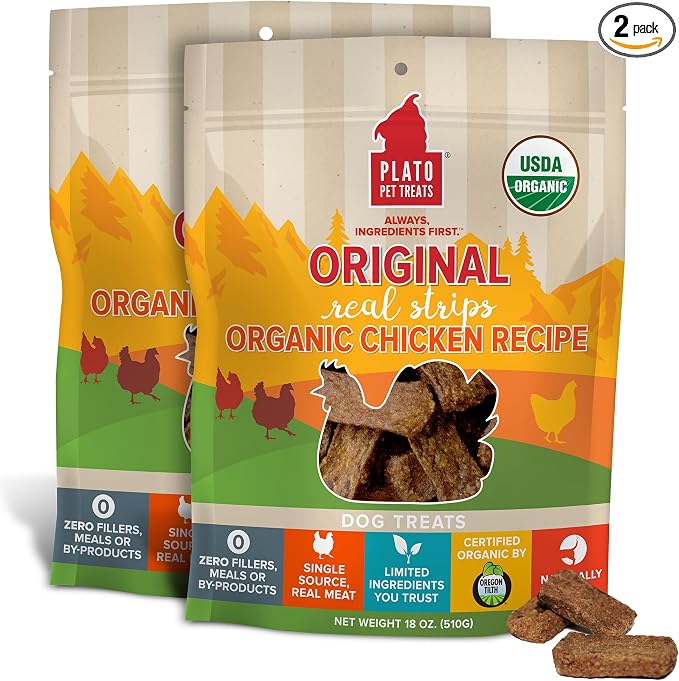 PLATO Pet Treats Real Strips - Air-Dried Meat Bars for Dogs - Delicious, Limited Ingredient Dog Treats - Grain Free Dog Treats - Original Real Strips Organic Chicken 18oz - 2 Pack