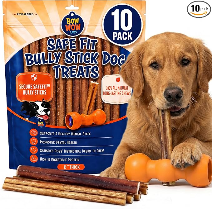 SafeFit™ Bully Sticks for Dogs - 100% All Natural Beef Sticks, Grass-Fed, Low Odor, Long Lasting Dog Chews, Dog Chew Treats, Bully Stick for Small, Medium, Large Dogs - 6" Thick 10 Pack