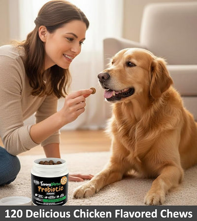 TummyWorks Probiotics for Dogs. 120 Probiotic Soft Chews for Digestive Health, Gut, Immunity, Energy, Allergies, Skin & Coat. 10 Strains, 5 Billion CFUs with 6 Enzymes. Made in USA