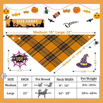 Plaid Dog Bandana - Spider and Witch Hat Embroidery Patches- Adjustable Cute Triangular Scarf for Pets, Boys and Girls Pet Scarf,Large