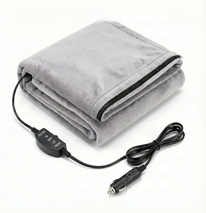 12V Car Heated Blanket & Wearable Shawl – Electric Fleece Travel Throw with Zipper for Truck Drivers, RV & Winter Road Trips – Fast Heating, Soft Flannel
