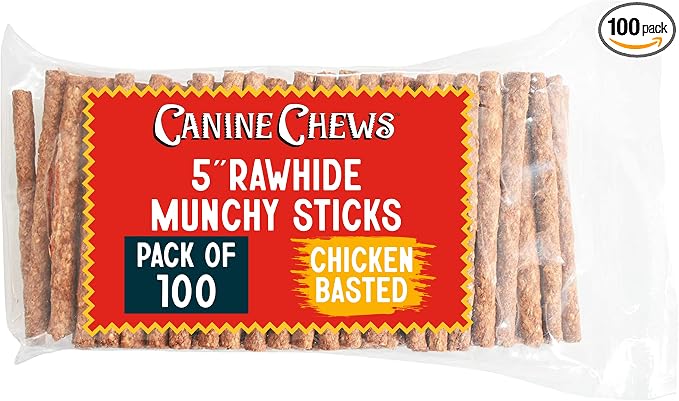 5" Munchy Rawhide Sticks for Small Dogs Munchy Dog Snack Sticks 100 Pack (Chicken)