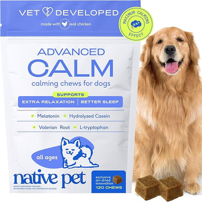 Native Pet Advanced Calming Chews for Dogs - Anxiety Relief, Stress, Separation, Travel & Sleep Support with Melatonin for Dogs, Hydrolyzed Casein, Valerian Root & L-Tryptophan -120 Chews