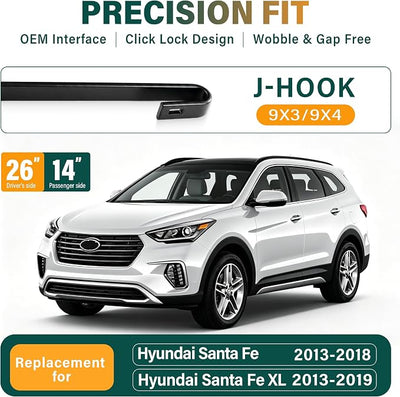 Windshield Wiper Blades Replacement for Hyundai Santa Fe 2013-2018 Santa Fe XL 2013-2019,Original Equipment Replacement Front Rear Wiper Blade Set - 26" 14" 13" (Set of 3)
