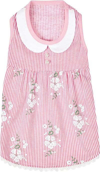 Blueberry Pet Wonderland Floral Sleeveless Dog Dress in Pink Stripe with Peter Pan Collar, Back Length 14", Pack of 1 Clothes for Dogs