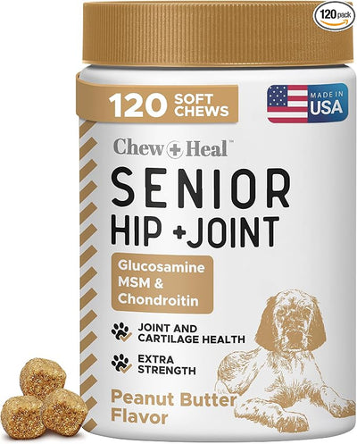 Glucosamine for Dogs Hip and Joint Supplement - 120 Soft Chews for Senior Dogs with Glucosamine, Chondroitin, MSM, and Omegas - For Mobility, Cartilage, and Joint Health - Peanut Butter Flavor