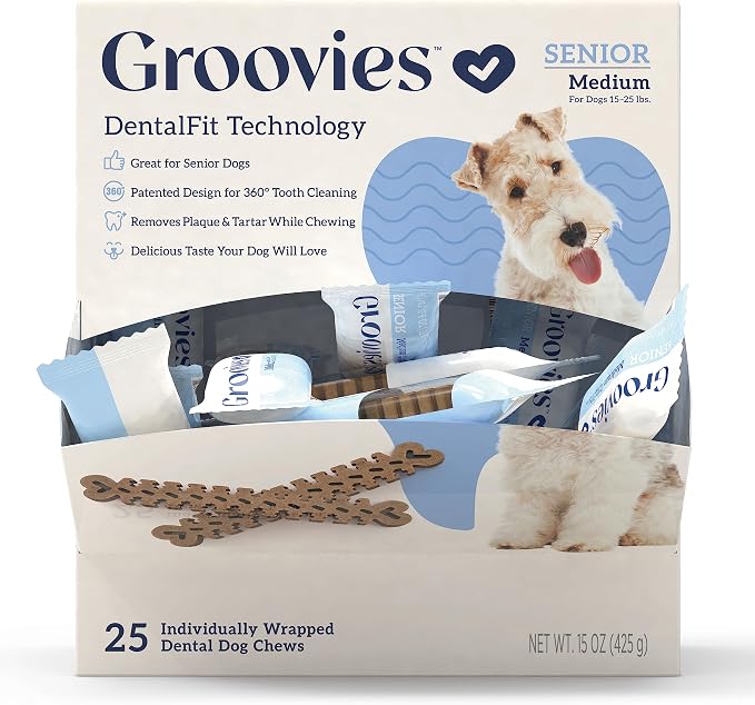 Groovies Senior & Gentle Chewers Dog Dental Treats, Flexible Texture, Patented Technology to Help Control Tartar & Freshen Breath, Medium Dog Chews (15-25 lbs), USA Manufactured Oral Care, 25 Count