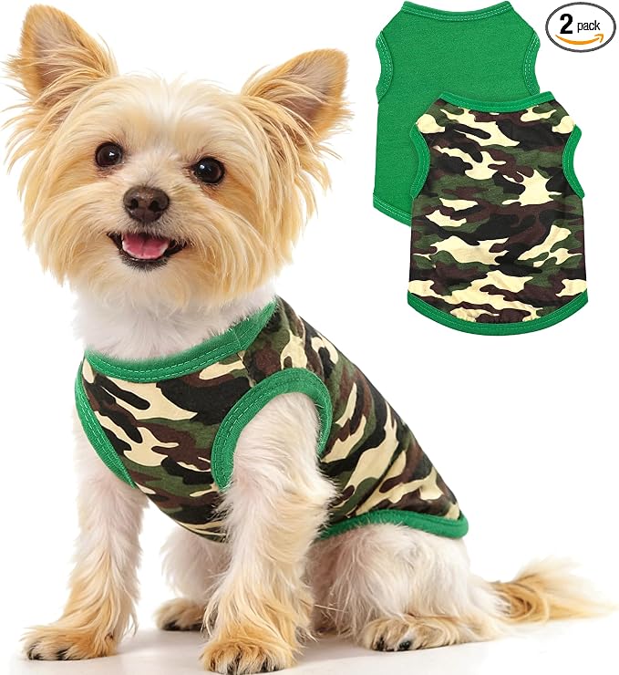 2 Pack Dog Shirts, Summer Camo Dog Clothes for Small Dogs Boy Chihuahuas and Yorkies Pet Tshirt Puppy Outfits Cats Apparel Green Camouflage + Solid Color,XXS
