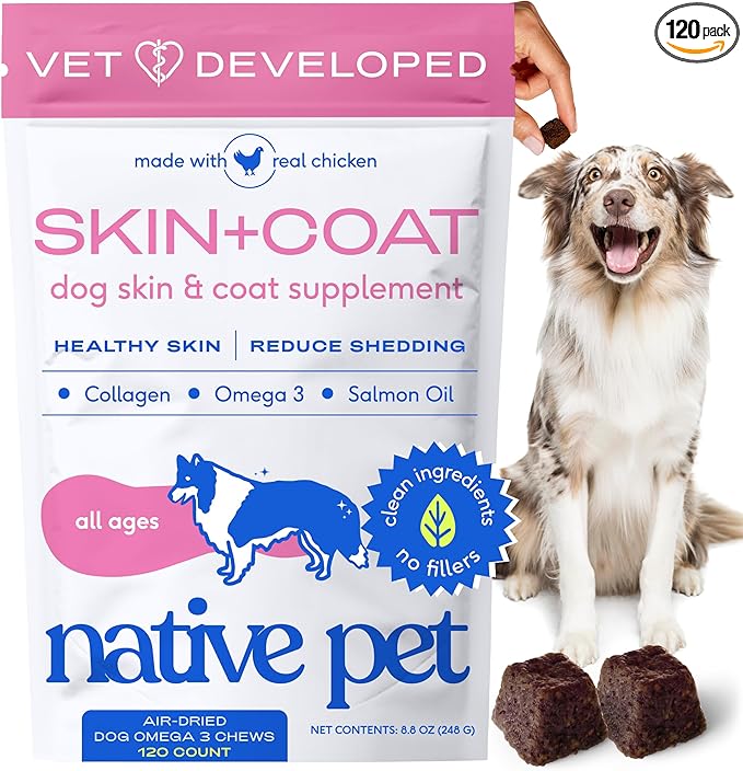 Skin & Coat Chews - Omega 3 Fish Oil for Dogs Skin & Coat Supplement - Itch Relief, Shiny Fur & Shedding Support - Collagen, Hyaluronic Acid, Biotin, Probiotics & Salmon Oil - 120 Chews