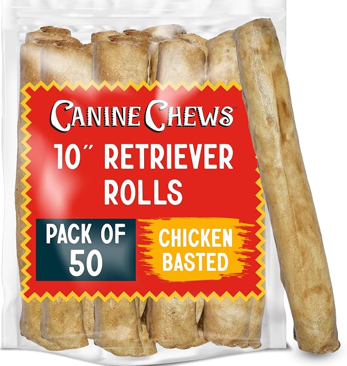 10" Chicken Basted Dog Rawhide Retriever Rolls (50 Pack) - Natural Beef Dog Rawhide Chews - Healthy Dental Chews