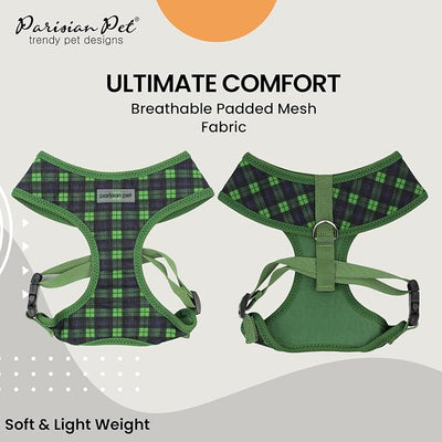 Parisian Pet Green Plaid Dog Harness - Breathable No Pull Puppy Harness with Leash Ring - Adjustable Harnesses for Dogs - Soft Padded Step-in Pet Vest - Lightweight Dog Vests for Medium Sized Dogs