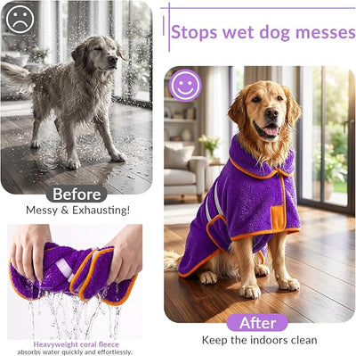 Bienbee Dog Bathrobe, Quick Drying Super Absorbent Pet Robes for Small Medium Large Dogs, Drying Coat for After Bath & Swim, Warm & Cozy Dogs Towels, Dog Puppy Bath Supplies, Purple XL