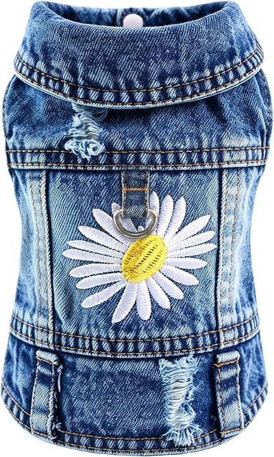 Dog Jean Jacket, Blue Denim Shirt Classic Lapel Vest Coat Costume Puppy T-Shirt, Comfort Tank Top Cool Apparel, Washed Pet Clothes for Dogs Boy Girl (Daisy Bloom with D-Ring, XX-Large)