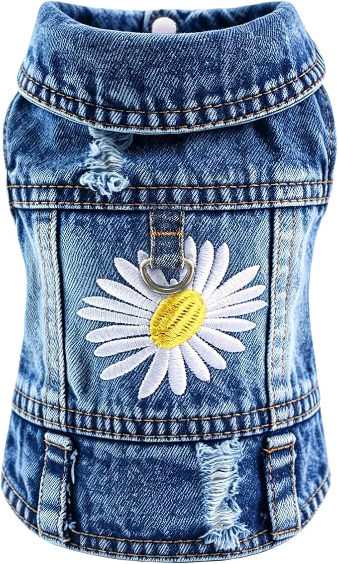 Dog Jean Jacket, Blue Denim Shirt Classic Lapel Vest Coat Costume Puppy T-Shirt, Comfort Tank Top Cool Apparel, Washed Pet Clothes for Dogs Boy Girl (Daisy Bloom with D-Ring, X-Small)