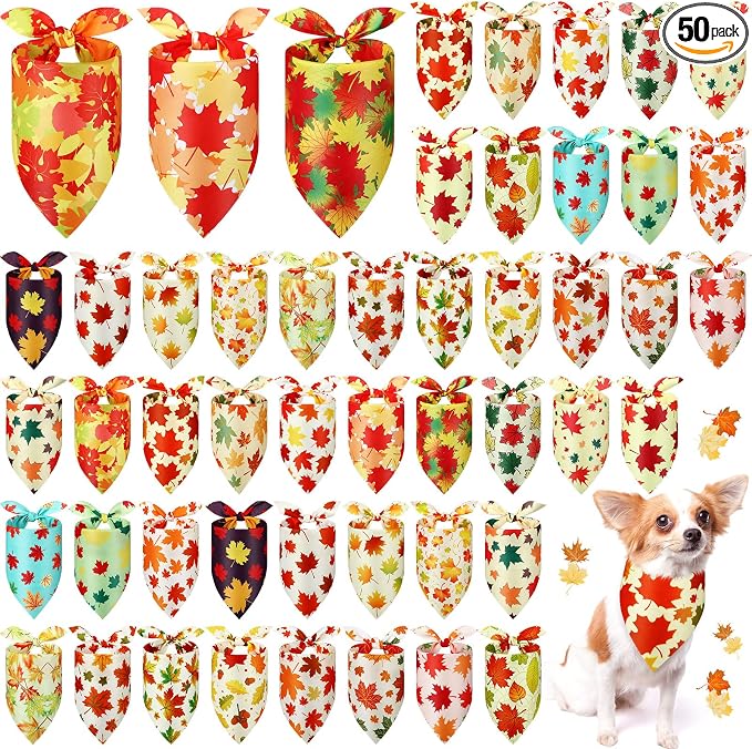 50 Pcs Fall Thanksgiving Dog Maple Leaves Bandanas Bulk Bandanas for Dogs Triangle Kerchief Bib Scarf for Pets Autumn Costume Photo Props Accessories Pet Shops, 25 Styles (25.6 x 17.7 x 17.7)