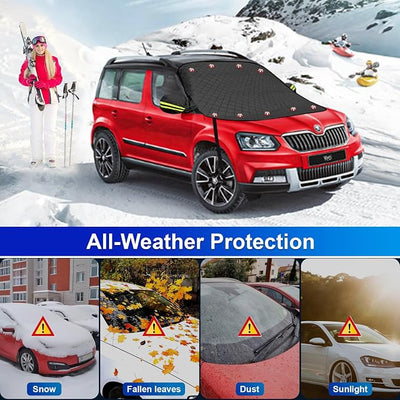Car Windshield Snow Cover for Ice with Magnetic Edges, Windscreen Frost Protector with 5 Layers Protection,Elastic Straps Hooks,Side Mirrors Cover, Winter Frost Ice Guard for Car SUV CRV Trucks,Black