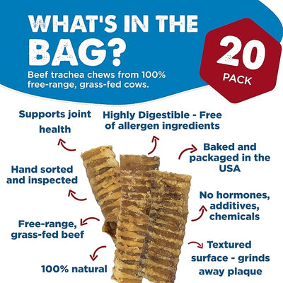 Best Bully Sticks Premium 6 Inch Beef Trachea - 20 Count (Pack of 1) - All-Natural, Grain-Free, Single-Ingredient, Supports Dental Health
