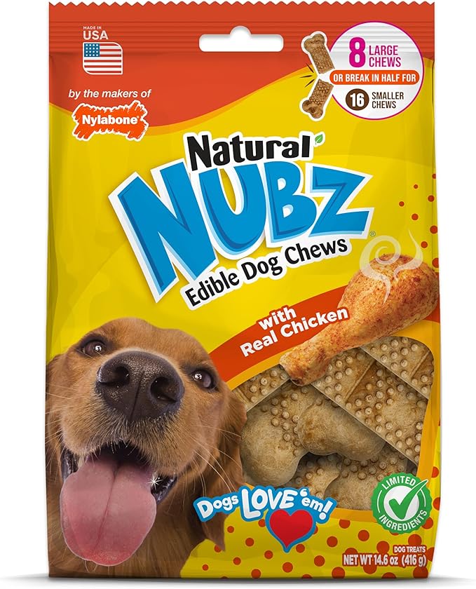 Nylabone Nubz Natural Dog Treats, Long Lasting Chew Bones, Made in the USA, Chicken Flavor Breath Freshener, Large Bones for Dogs Over 30 lbs. (8 Count)