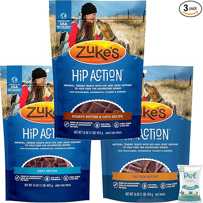 3 Pack Zuke Hip Action Hip & Joint Support Treats for Dogs 3 Flavor: (1) Roasted Beef Recipe, (1) Fresh Peanut Butter Formula, and (1) Roasted Chicken Recipe (16oz Each) with 10ct Wipes