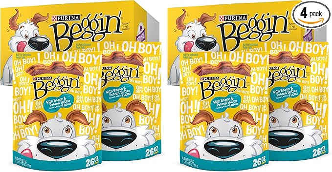 Strips with Real Meat Dog Treats,with Bacon and Peanut Butter Flavor - 26 oz. Pouches,(Pack of 4)