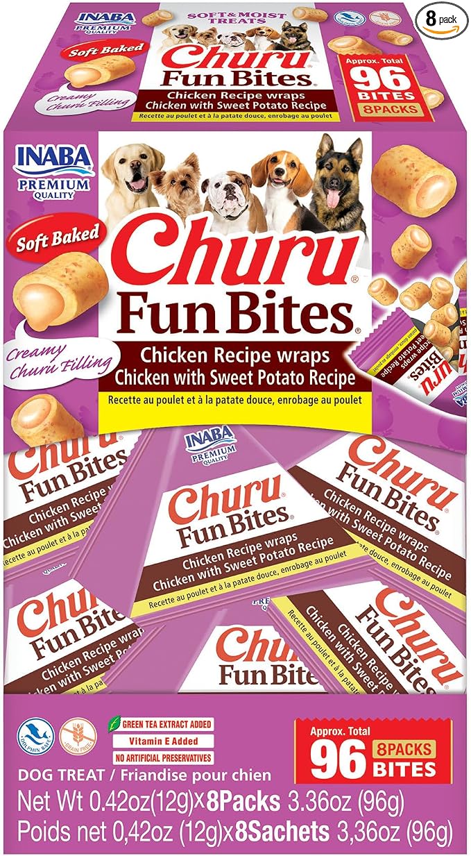 Churu Fun Bites for Dogs, Soft & Chewy Dog Treats with Vitamin E, 0.42 Ounces per Tetra, 8 Tetras per Box, Chicken with Sweet Potato Recipe