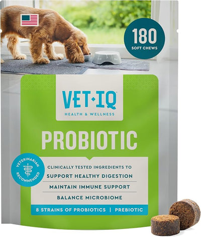 VetIQ Probiotic Supplement for Dogs, Digestive Support for Dogs, Nourishes Gut Bacteria and Supports Bowel Function, Hickory Smoke Flavor, Made in The USA, 180 Count