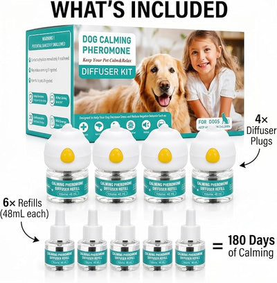 Dog Pheromone Calming Diffuser Kit – 10-Pack (4 Plugs + 6 Refills, 48mL Each), 180-Day Stress Relief for Dogs, Helps Reduce Anxiety, Barking, Separation, Thunderstorm & Travel Stress