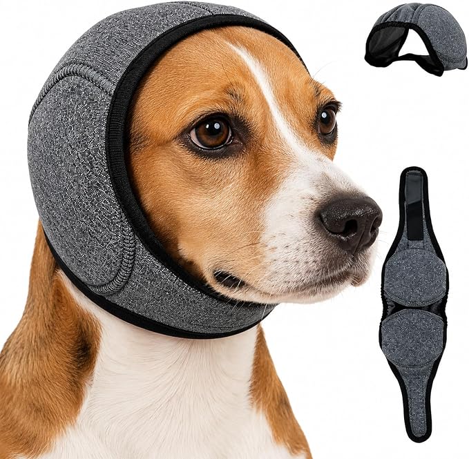 Noise Cancelling Ear Wrap,Quiet Dogs Calming Hoodie,Waterproof Dog Calming Hood,Dog No Shake Ear Muffs Noise Protection Firework Thunder Vacuum,Adjustable for Grooming Bathing & Swimming (Grey-M)