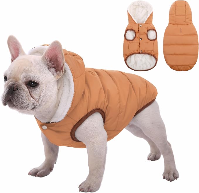 SAWMONG Waterproof Dog Winter Coat, Warm Fleece Lined Dog Jacket with Hood, Windproof Puppy Coat, Pet Apparel Vest Outdoor&Indoor Winter Activities(Khaki,S)