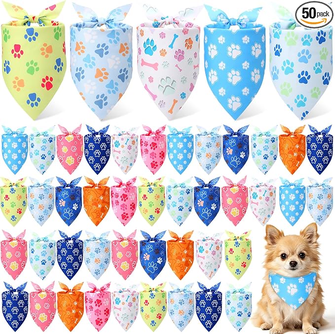 Weewooday 50 Pcs Paw Print Dog Bandanas Bulk for Dogs Soft Bibs Adjustable Triangle Pet Bandana for Small Medium Large Costume(paw Pattern, 19.7 x 13.8 x 13.8 Inch)