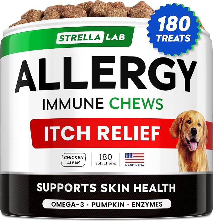 Dog Allergy Relief & Anti Itch Support Chews w/Omega 3: Real Ingredients, Real Taste! Skin & Coat Immune Supplement w/Fish Oil, Pumpkin & Enzymes — Developed by Experts - Made in USA -180Ct