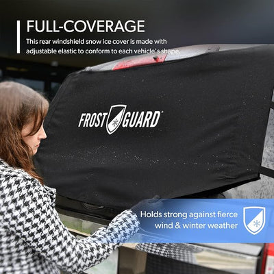 FrostGuard Rear Windshield Cover for Ice and Snow, For SUVs and Trucks - Rear Window Cover to Reduce Scraping, Elastic to Conform to Vehicle's Shape - Secure Hooks for Snug Fit - Black, 59 x 20 Inches