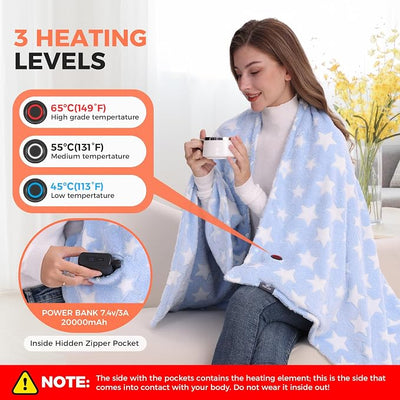 KSFJZF Heated Blanket, Cordless Portable Heated Throw Blanket, Battery Operated Heating Blanket with Rechargeable 20000mAh Power Bank, 59" x 35.5" Electric Heated Shawl, 3 Fast-Heating Levels (Blue)