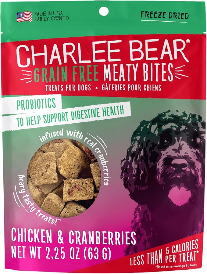 Charlee Bear Grain Free Freeze-Dried Dog Treats, Chicken & Cranberries, High Protein, Limited Ingredient Training Treats or Meal Topper, 2.25 oz, Made in USA