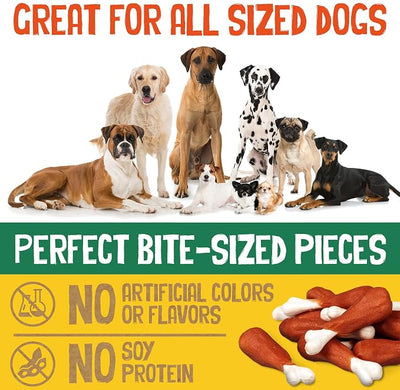 Dog Treats, Rawhide Free, Chewy Cooked Chicken Calcium Bone, Training Treats, Wrapped Drumsticks, Small Medium, Large Dogs.