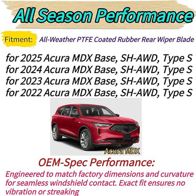 Rear Wiper Blade & Arm Replacement for Acura MDX 2022-2025 2023 2024 - OEM Fit for Base SH-AWD Type S Models - All-Season Rear Back Windshield Wiper Blade Set