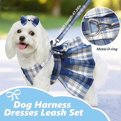 Dog Dress Bowknot Harness Leash Set for Small Dogs Girl Cute Plaid Dog Dress Pearls Bow Tie Spring Summer Princess Clothes Birthday Holiday Doggie Outfits for Puppy Cats Girl (Purple, Large)