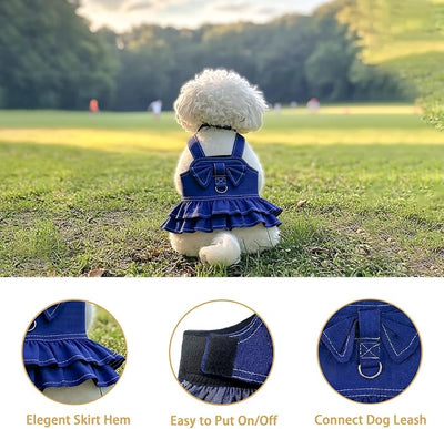 1 Pcs Cute Dog Dress Puppy Clothes with Bownot for Female Girl Small Dogs Outfits Harness for Outdoor Walking Birthday Party Denim Skirt L