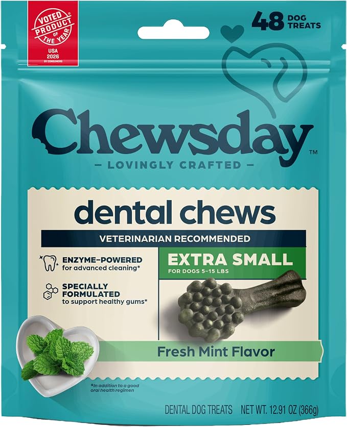 Fresh Mint Flavor Dental Chews, Extra Small Dog Treats, Healthier Teeth and Fresher Breath, Enzyme Powered for Advanced Cleaning, Made in the USA, 48 Count