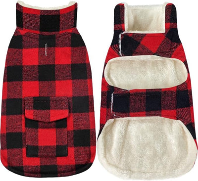 Malier Classic Plaid Fleece Dog Coat - Warm Winter Jacket with Pocket, Windproof - Red, X-Small