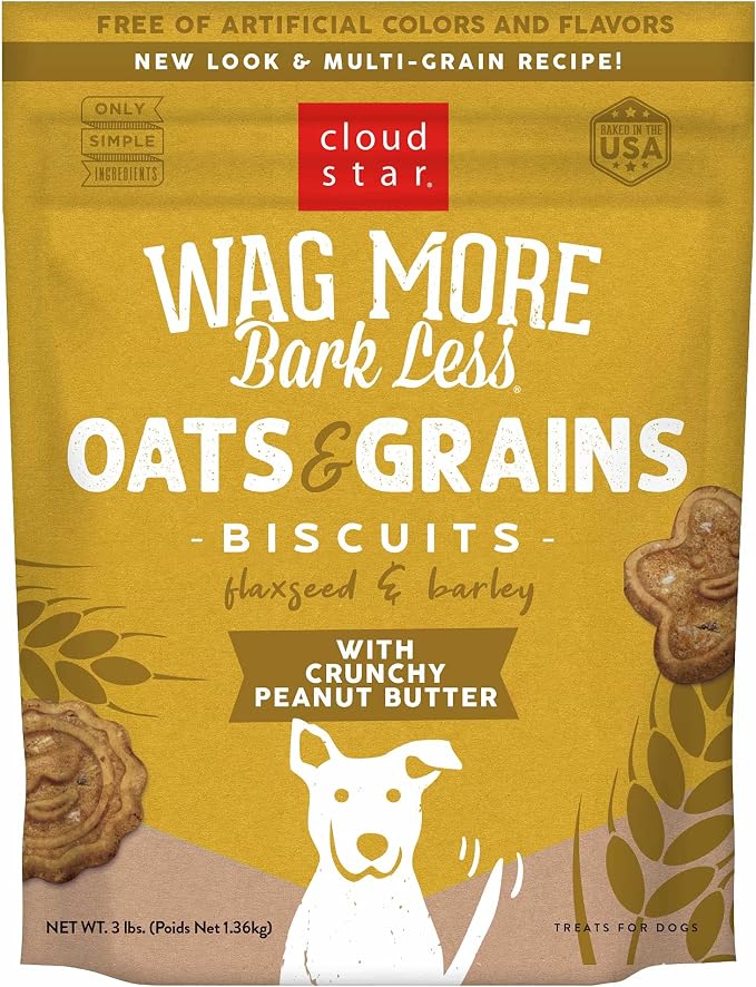 Wag More Bark Less - Dog Treats - Crunchy Biscuits - Oats & Grains Peanut Butter - 3 lb Pouch