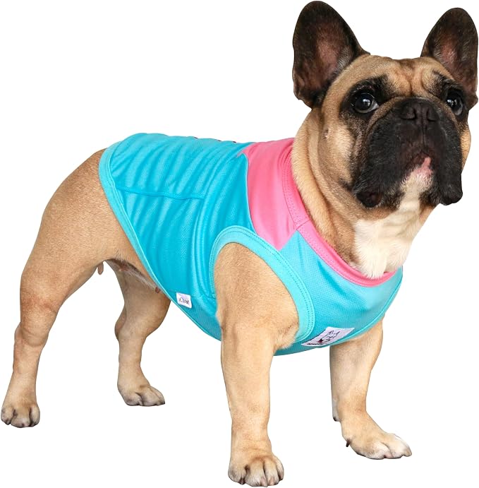 iChoue French Bulldog Summer Cooling Shirt for Dogs UV Sun Protection Vest Sleeveless Breathable Tank Top English Pug Turquoise Rose - XXLarge